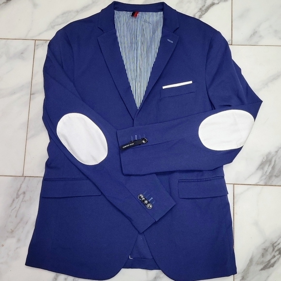 ZARA Man Navy Blue Slim Fit Blazer Jacket White Elbow Patch US Size 54 - Picture 1 of 14